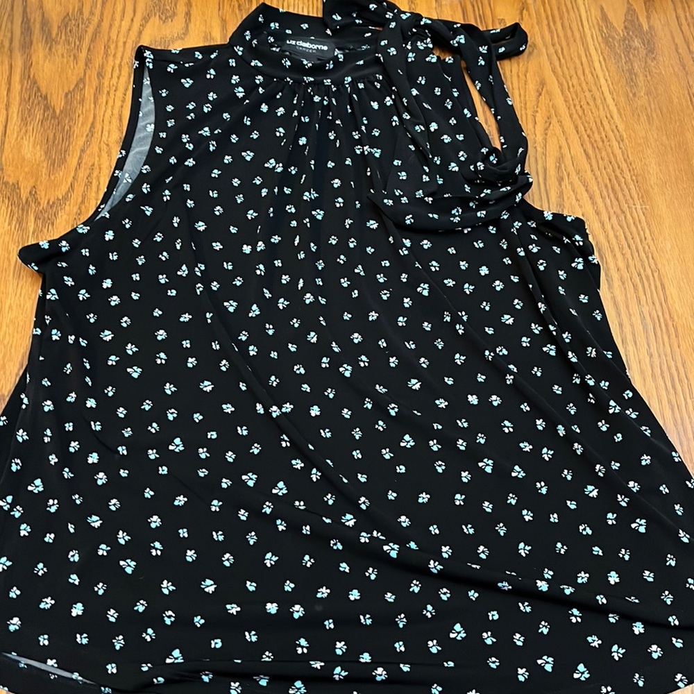 Liz Claiborne Black w Blue Floral Print Sleeveless Tie Neck Blouse XL